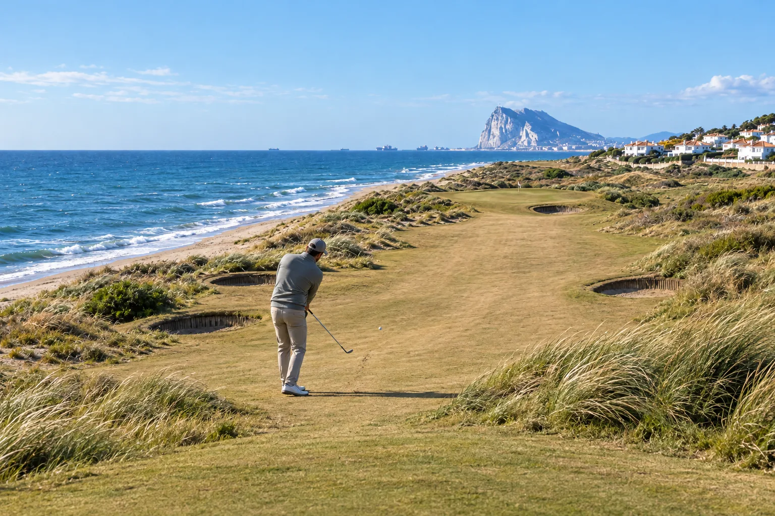 A links fairway at Alcaidesa Golf running beside the beach with the Rock of Gibraltar beyond