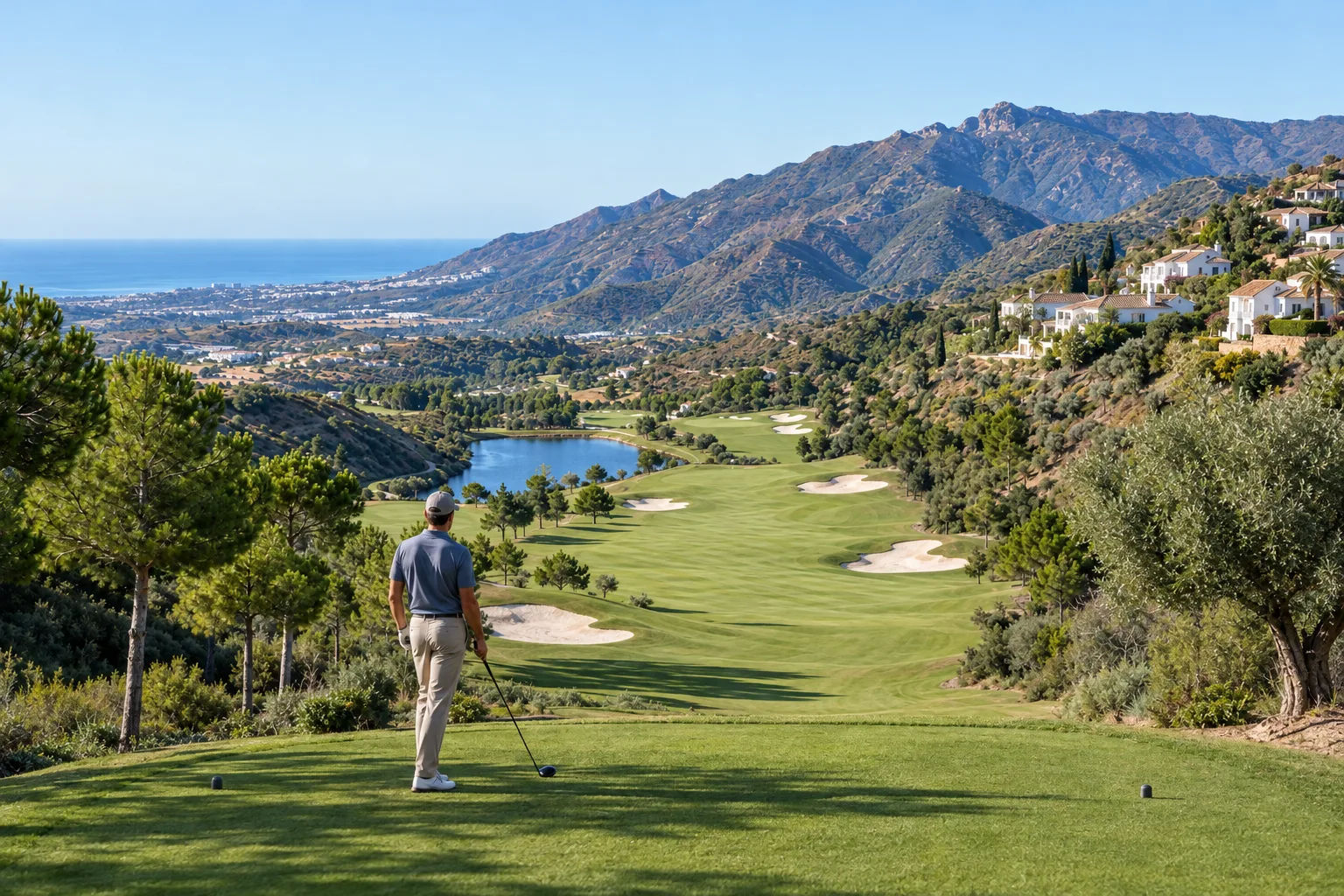 A long fairway at Alferini Golf in the hills of Benahavís with new homes above