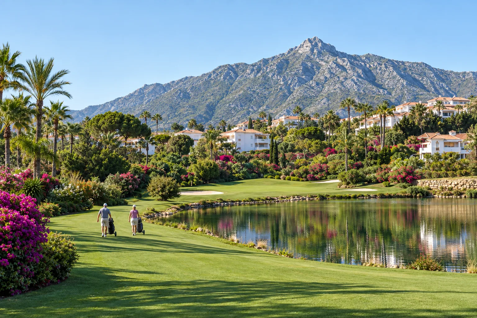 A parkland fairway at Aloha Golf with a lake, flowering planting and homes on the slope above