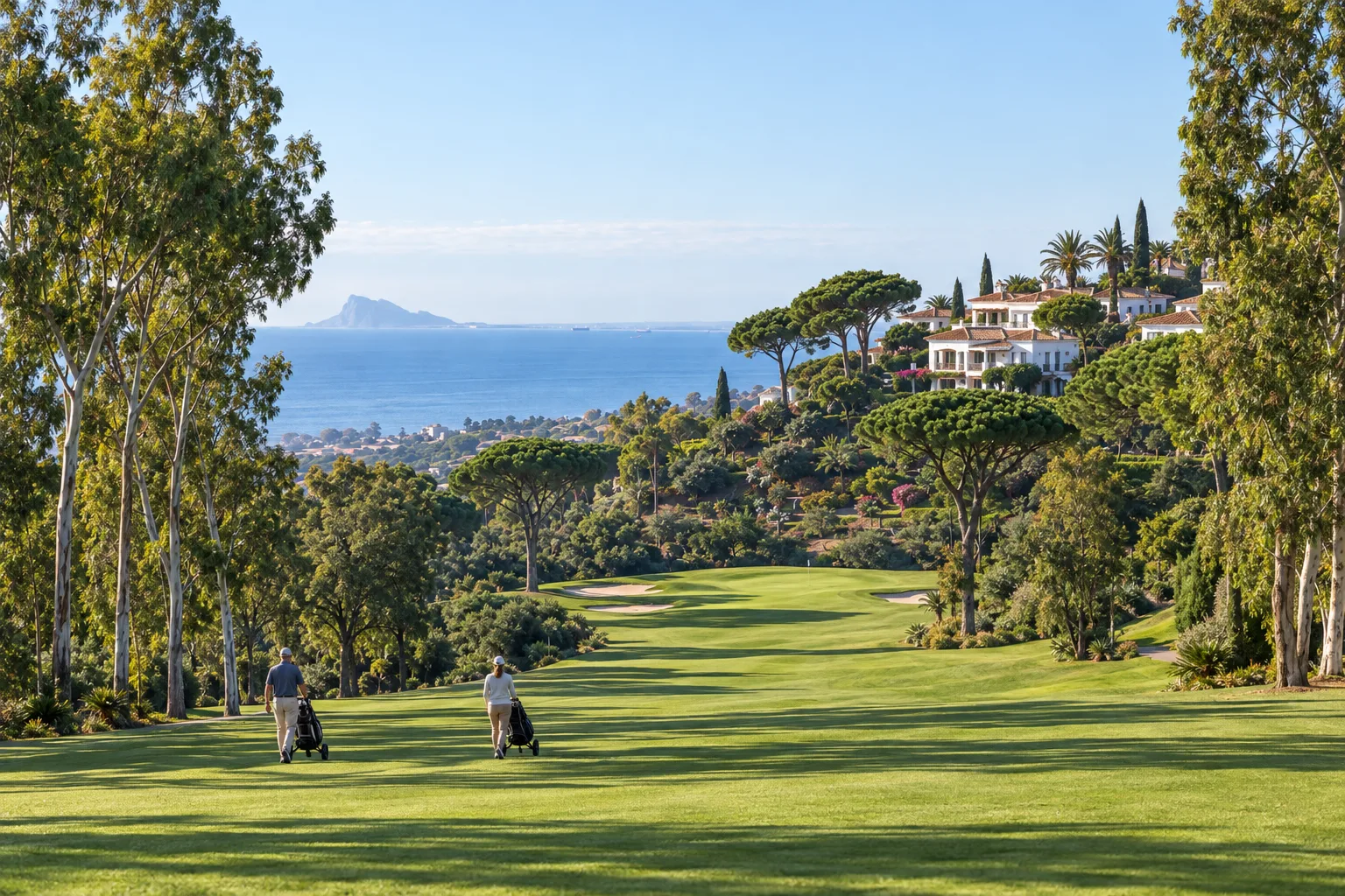 Ein Fairway am Atalaya Golf mit Eukalyptusbäumen und neuen Häusern am Hang darüber