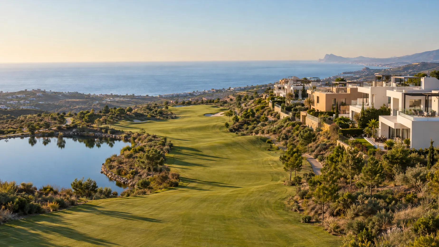 Properties for sale at Azata Golf: modern villas above a wide fairway in Estepona with the Mediterranean behind