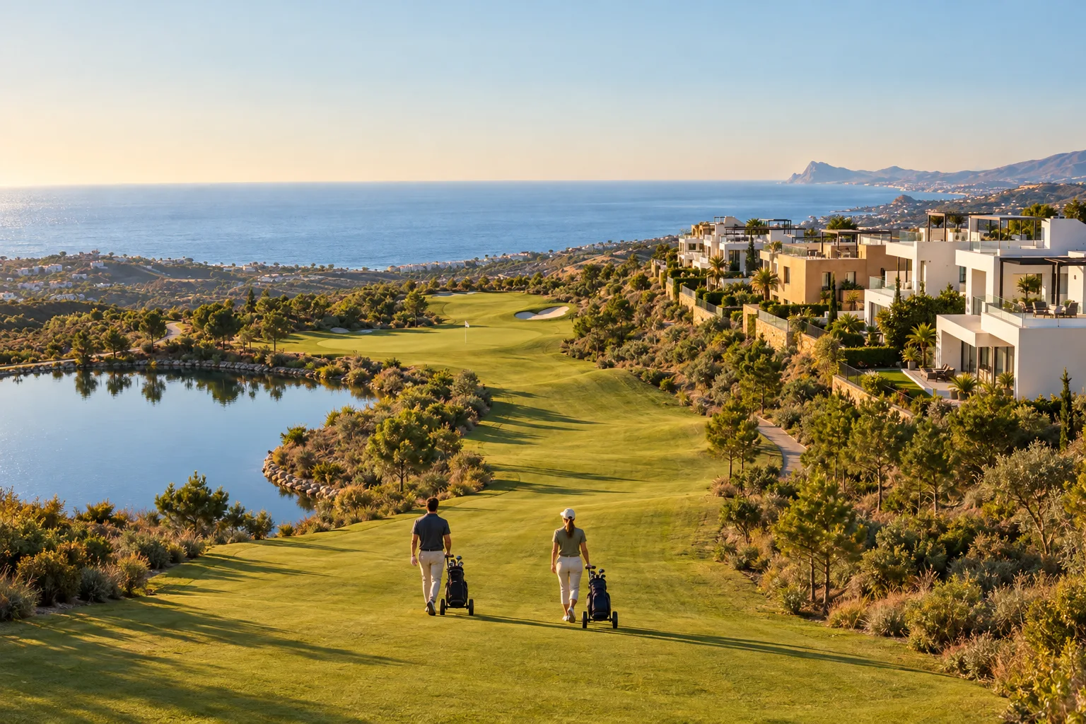 Golfers on a wide fairway at Azata Golf in Estepona with new villas on the hillside above