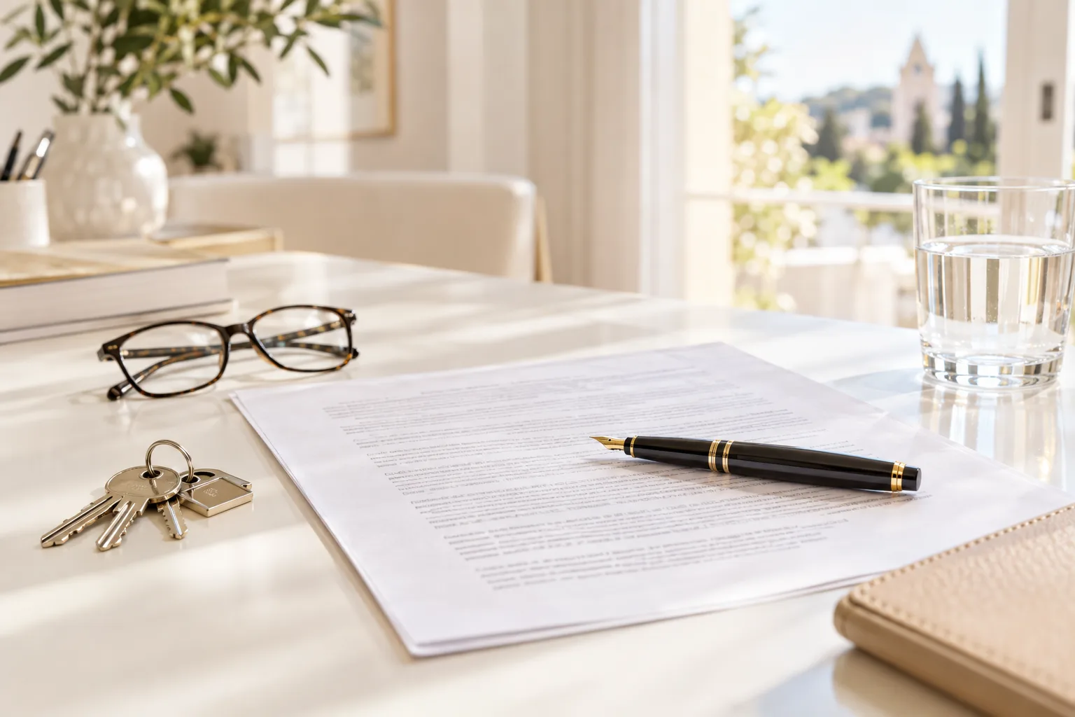 Buying property in Spain: signing the deed at a Spanish notary with a set of keys on the table