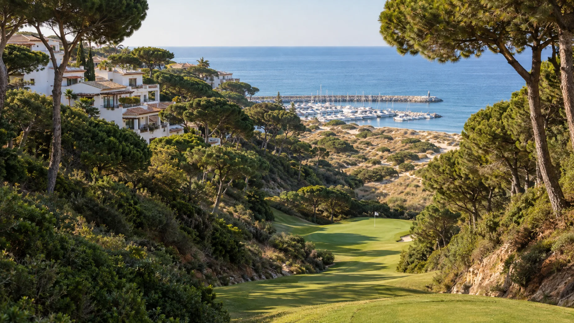 Properties for sale at Cabopino Golf: new homes above a narrow hillside fairway in east Marbella with the dunes and the sea below