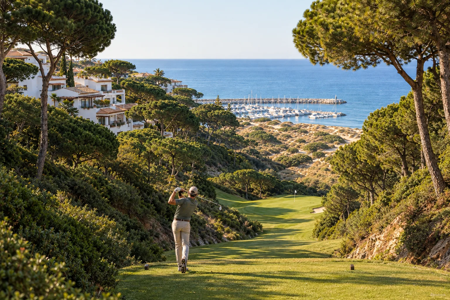 A narrow fairway at Cabopino Golf between pines with the dunes and the sea below