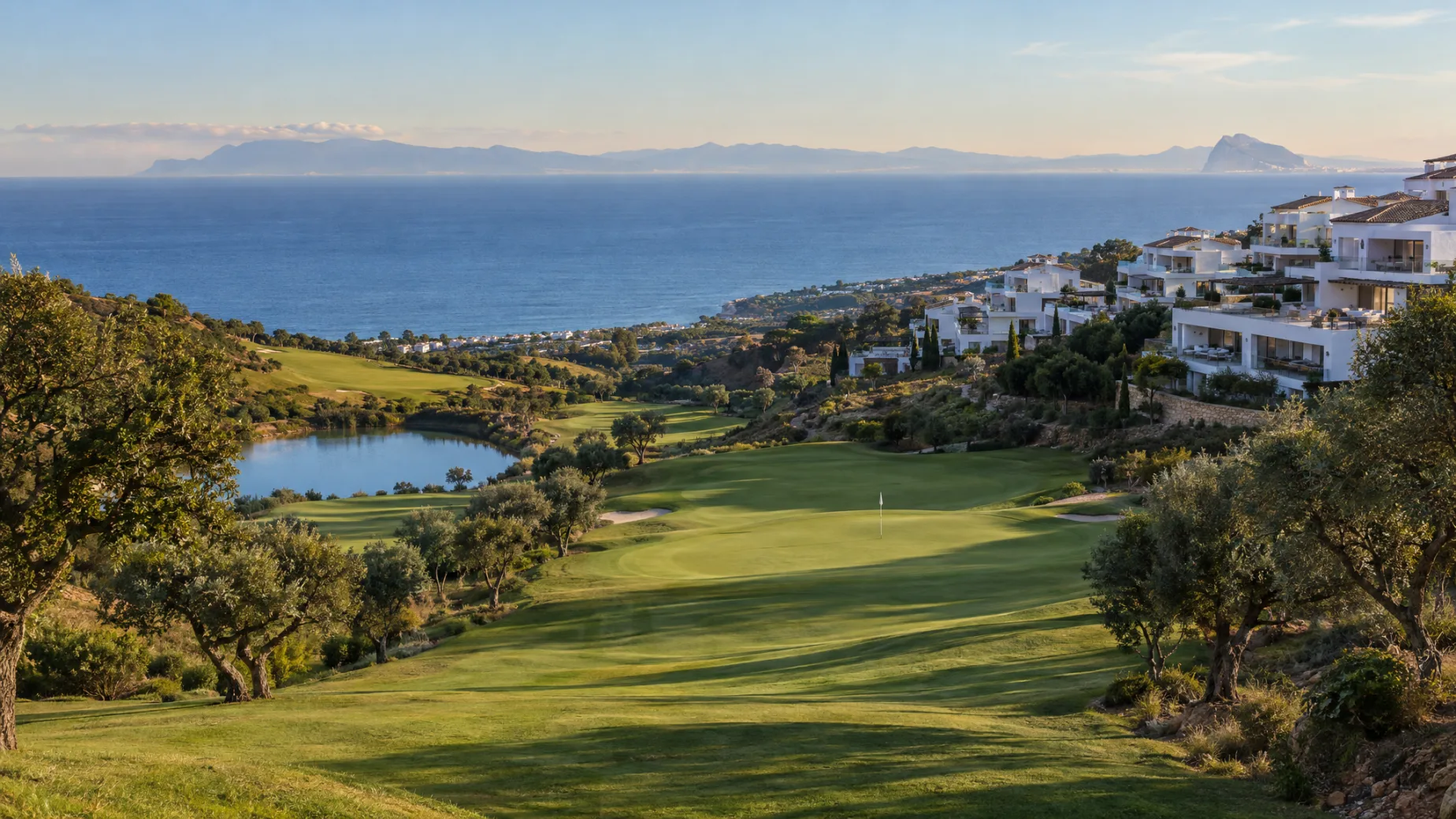 Properties for sale at Doña Julia Golf: new apartments above the fairways in Casares with the sea and the African coast beyond