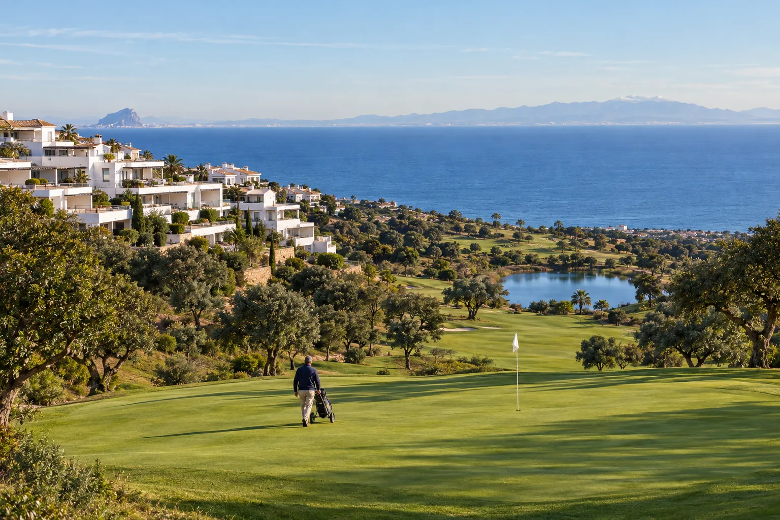 A fairway at Doña Julia Golf in Casares with a large green, the sea and the African coast beyond