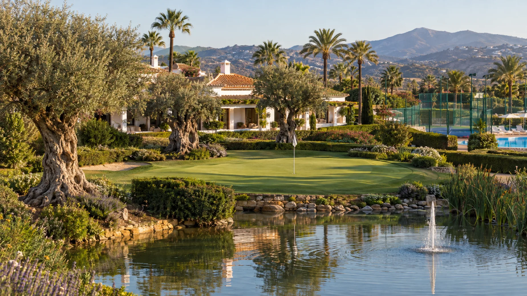 Properties for sale at El Campanario Golf: new villas beside a short golf course with old olive trees and water features near Estepona