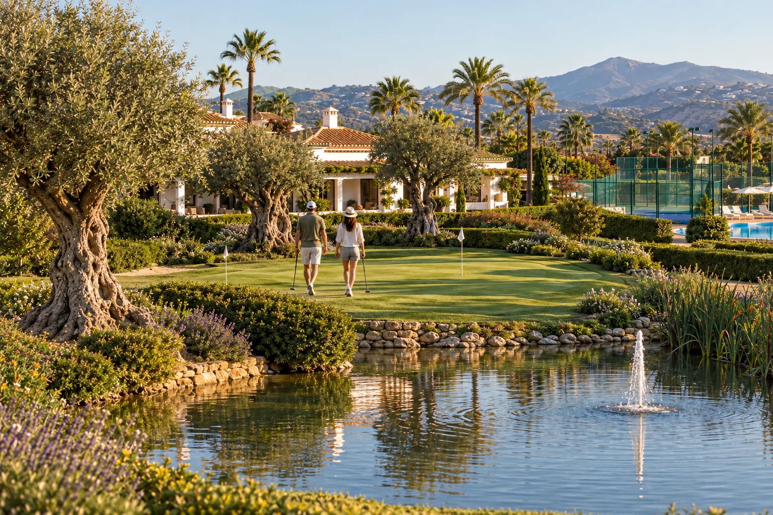 A short hole at El Campanario Golf with old olive trees, a water feature and new homes behind