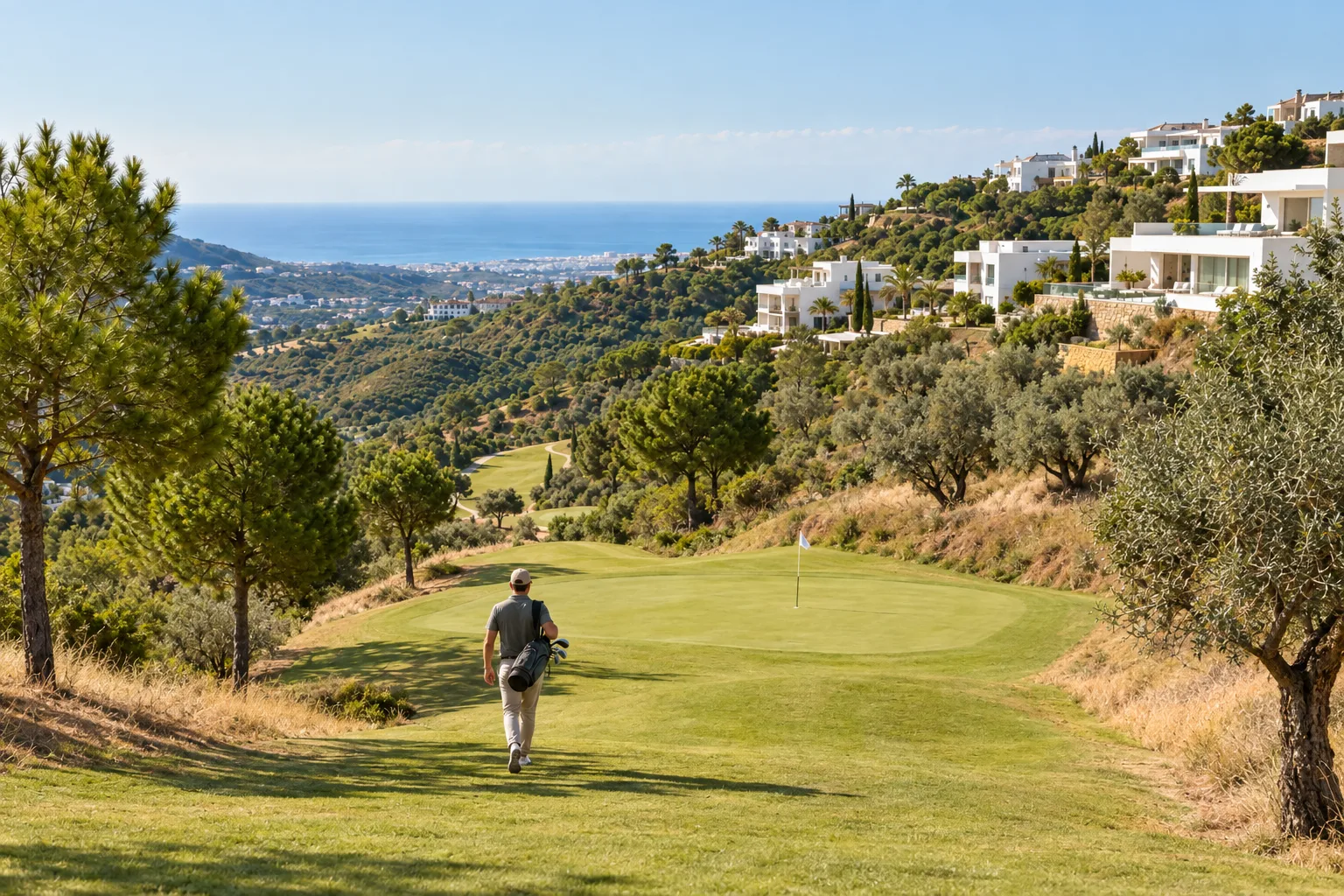 A short hole at El Higueral Golf on the Benahavís slopes with new homes above
