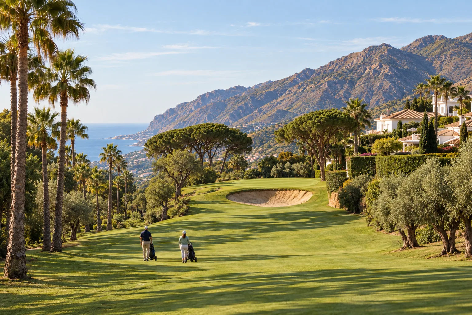 A fairway at El Paraíso Golf lined with palms and pines with new homes on the slope above