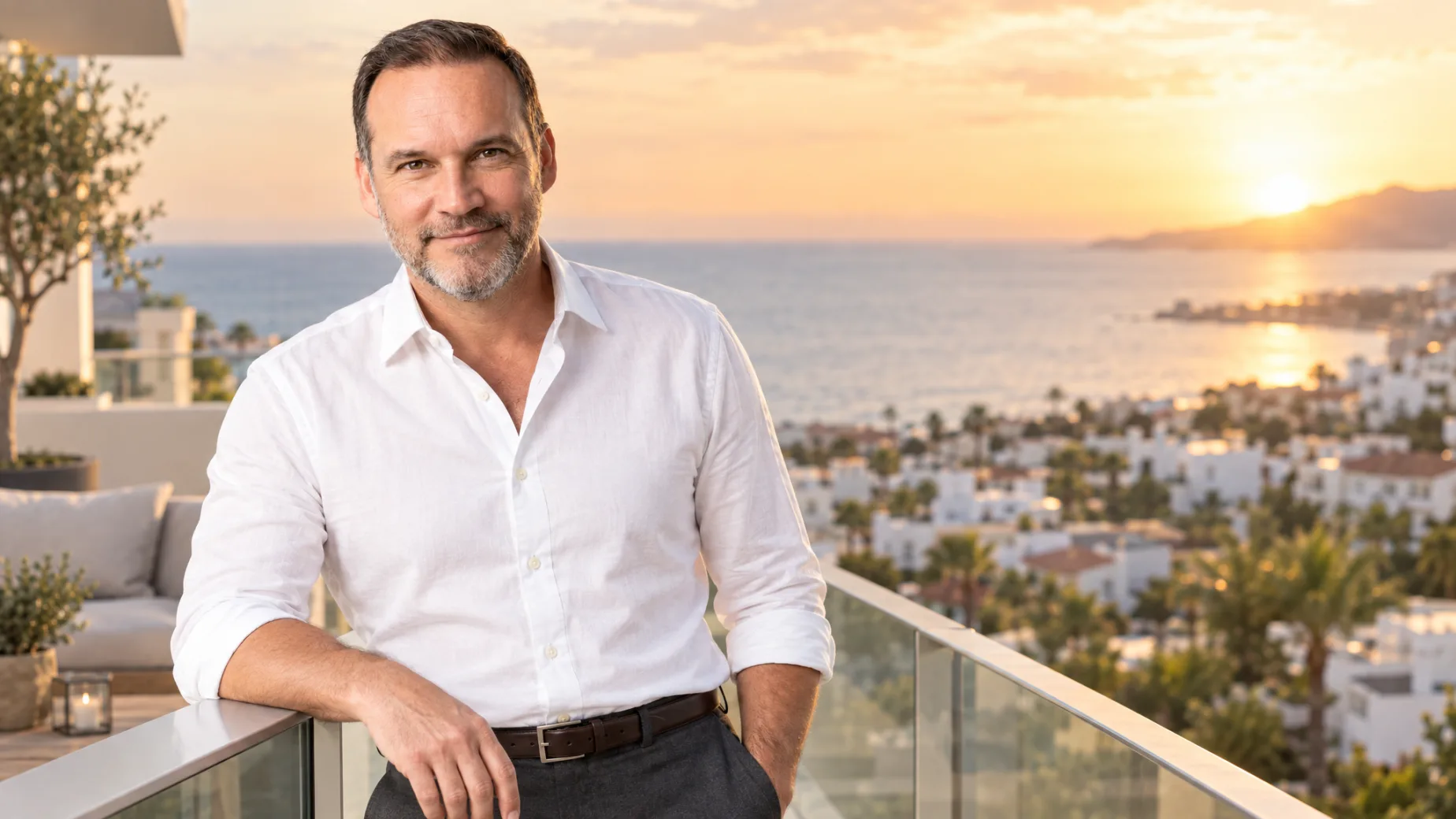 Sascha Tiebel of newEstepona.com on the balcony of a new apartment in Estepona at golden hour