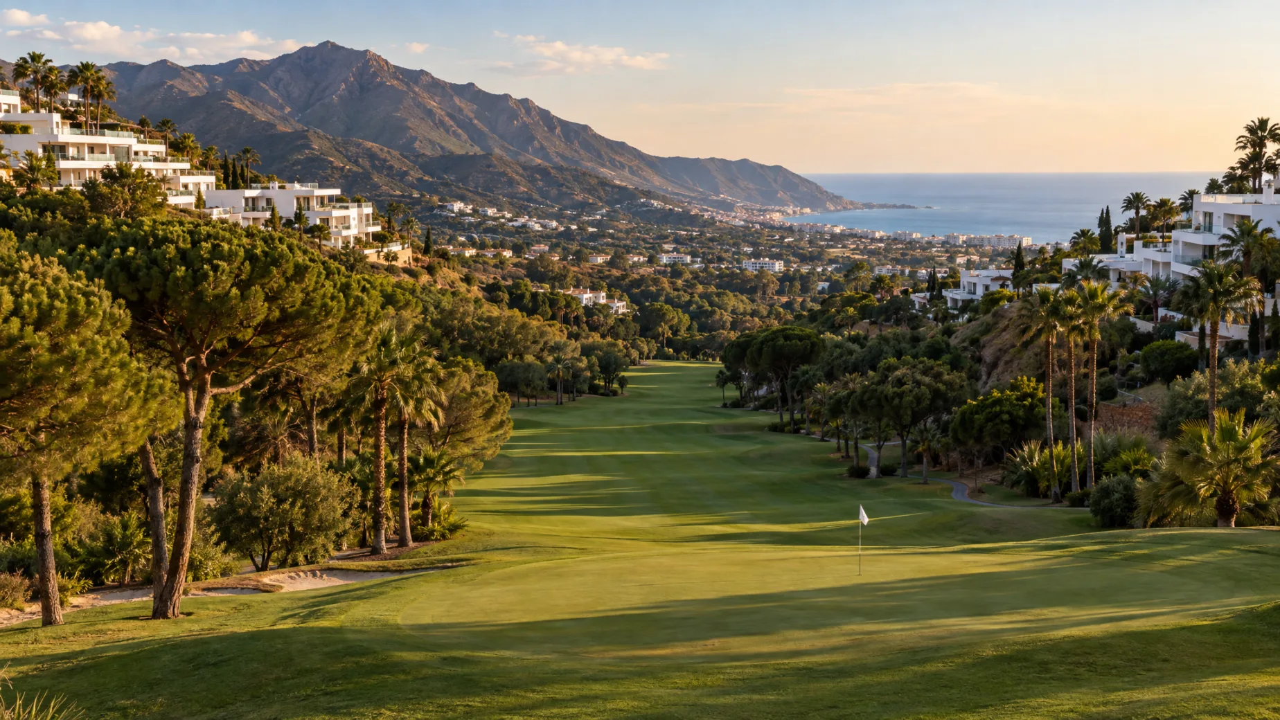 Properties for sale at Estepona Golf: new homes above wide fairways in west Estepona with the Sierra Bermeja behind and the sea below