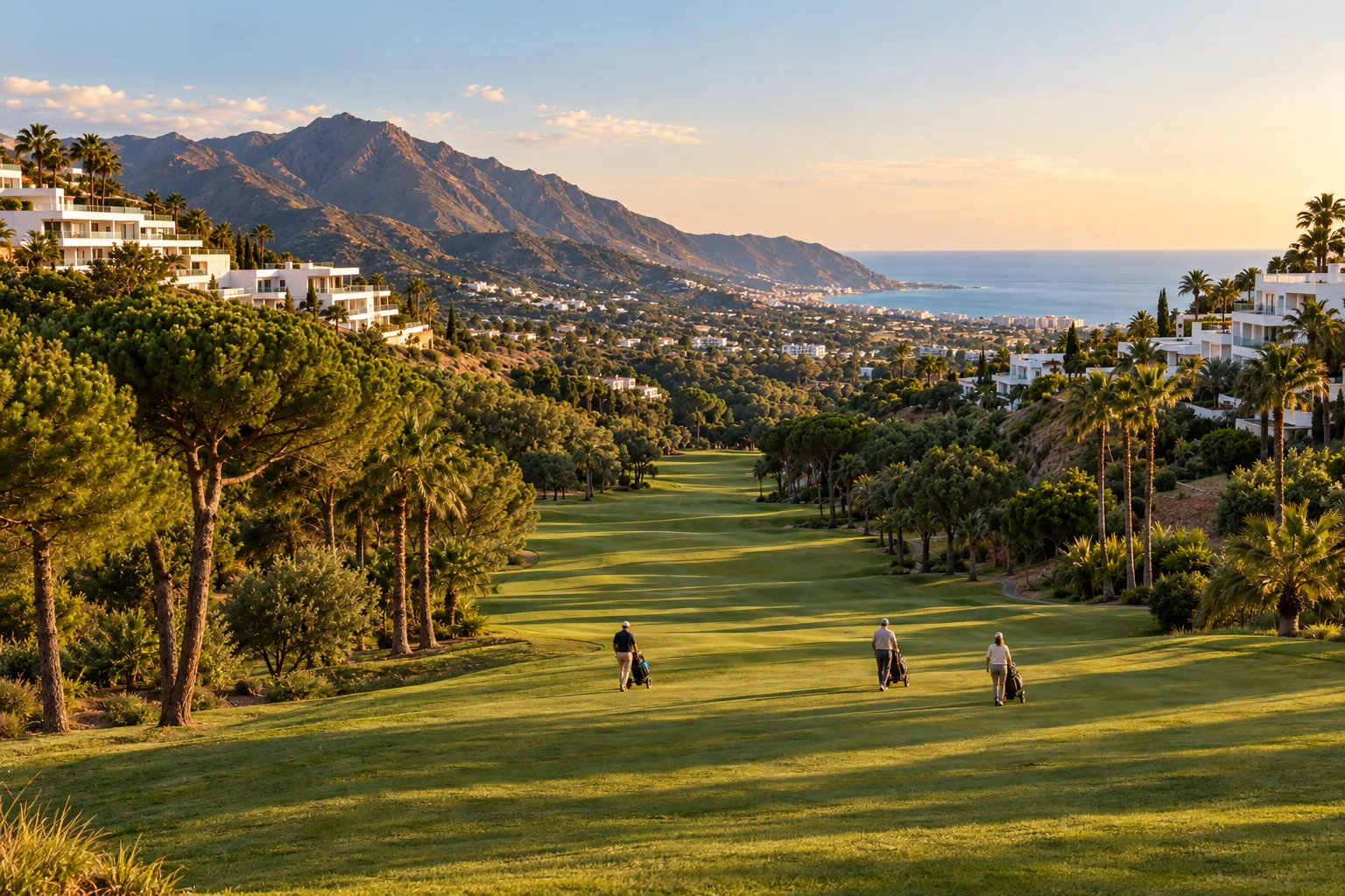 A wide fairway at Estepona Golf with new homes on the hillside and the sea in the distance