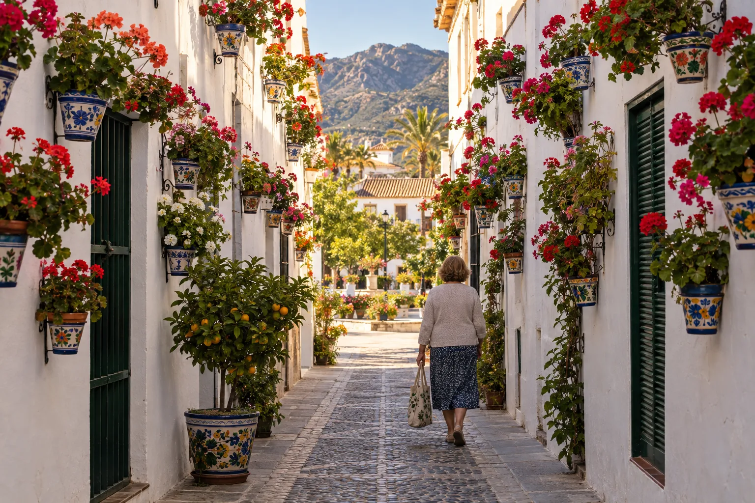 Blumenbehängte Gasse in der Altstadt, wenige Minuten von den Wohnungen in Estepona Pueblo