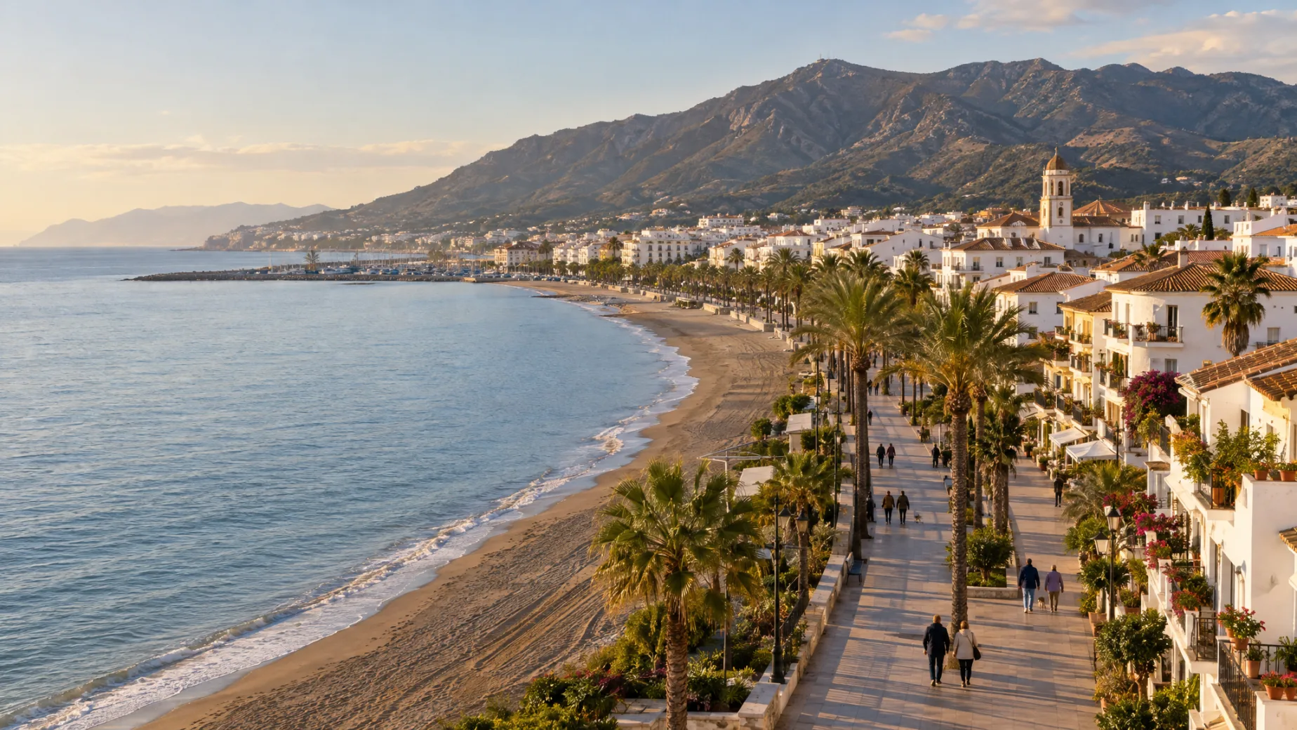 Leben in Estepona: die Strandpromenade und die weiße Stadt mit der Sierra Bermeja dahinter