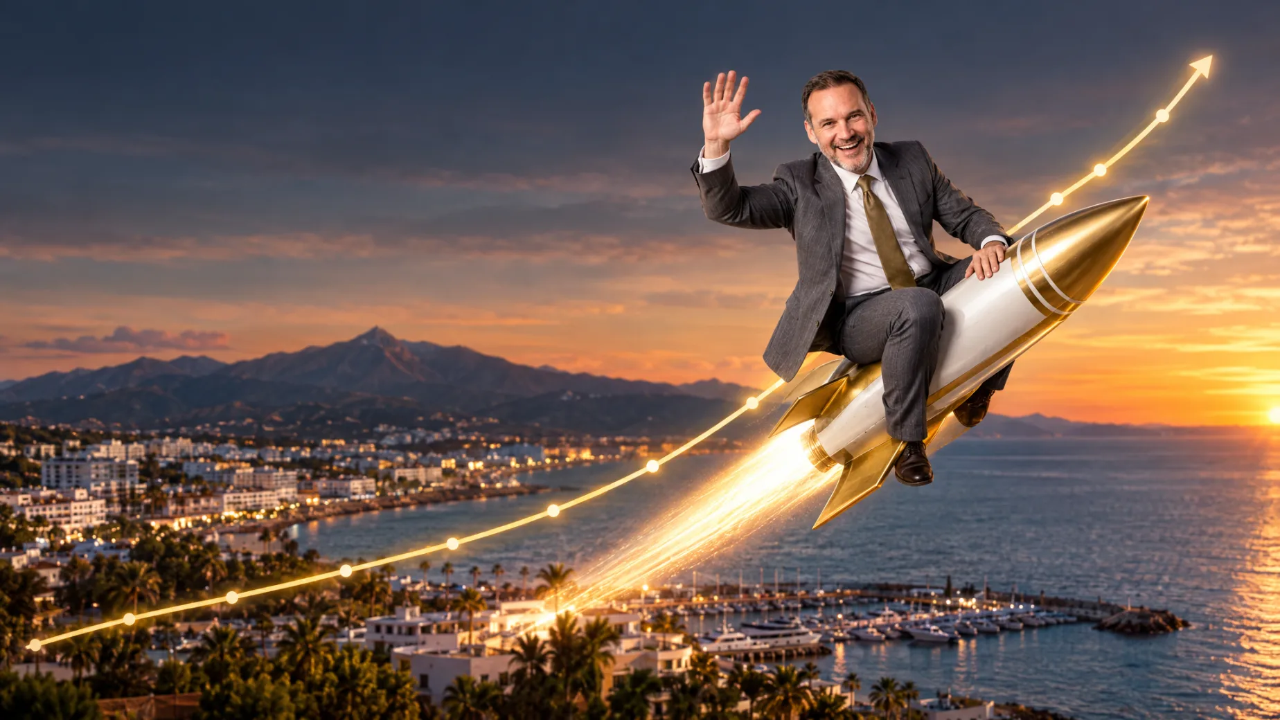 Sascha Tiebel of newEstepona.com riding a golden rocket over Estepona into the evening sky