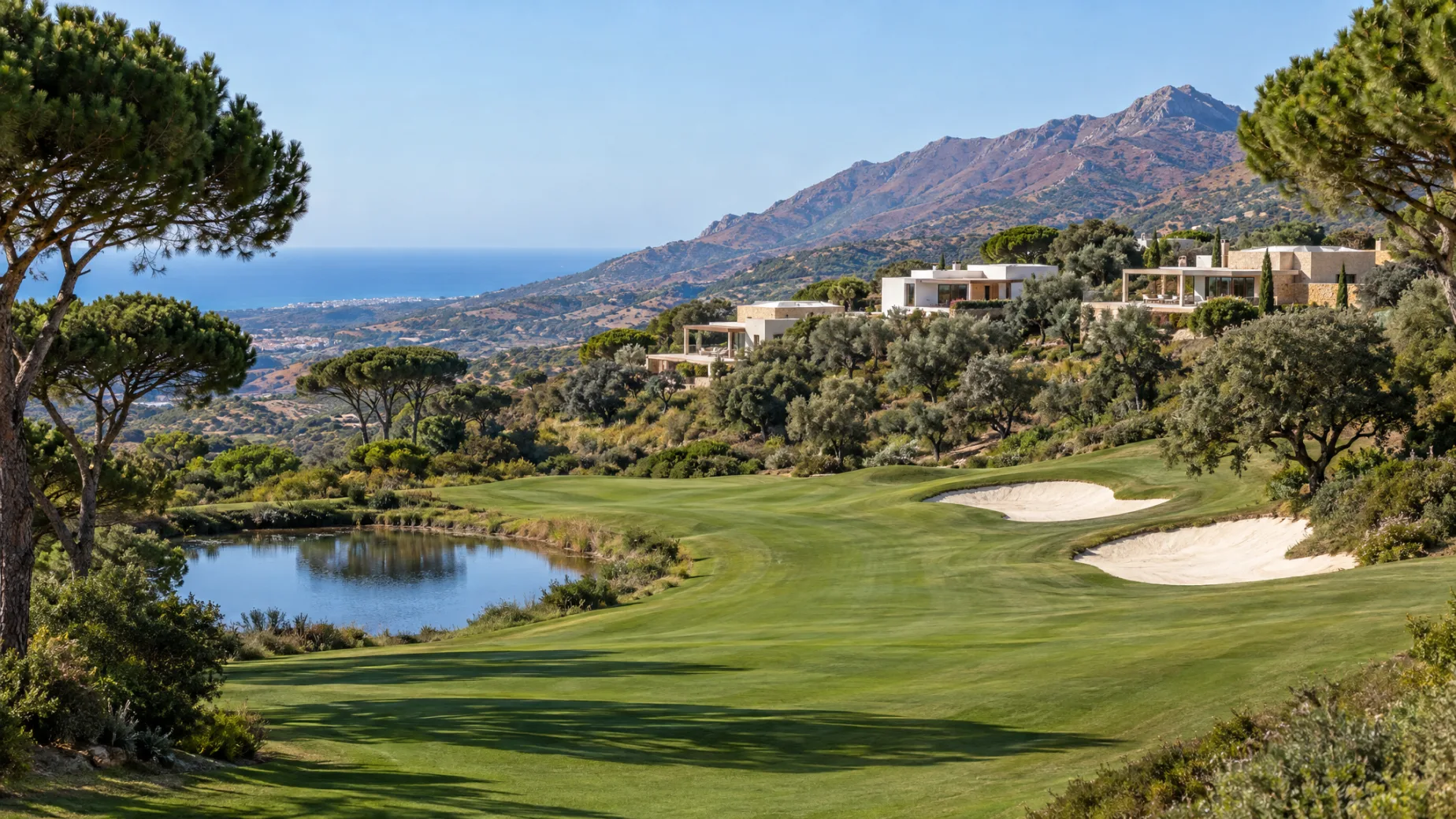 Properties for sale at Finca Cortesín Golf: new homes on the hillside above a fairway with white-sand bunkers, the sea on the horizon