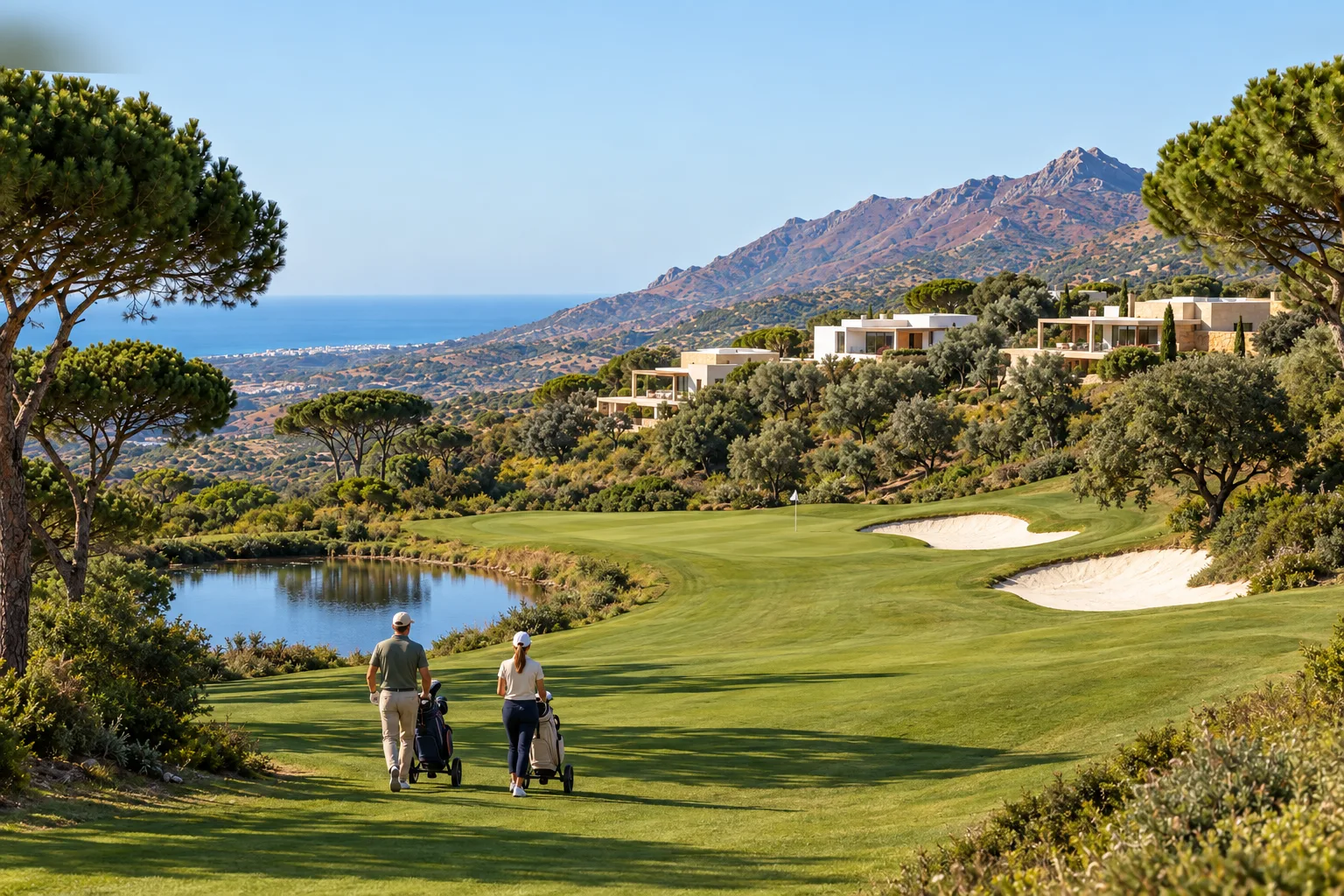 Golfers walking a fairway at Finca Cortesín Golf with new homes on the hillside above