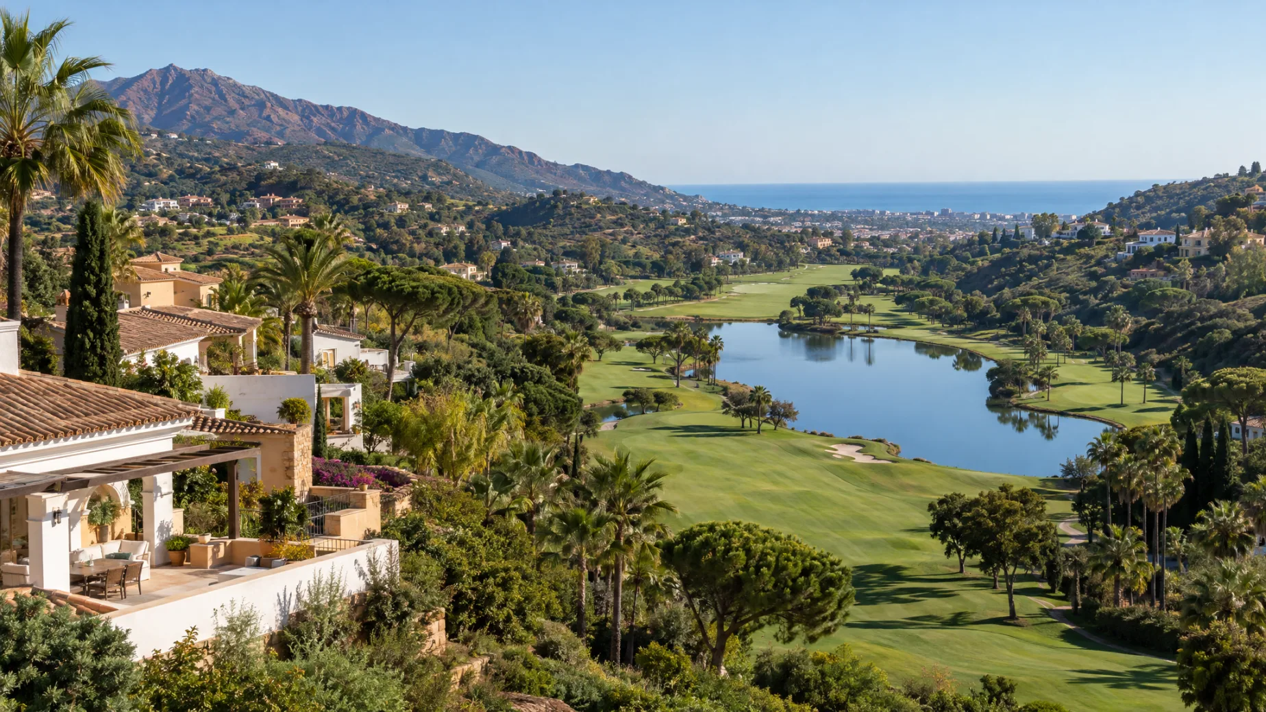 Properties for sale at Flamingos Golf: new homes above a fairway on the New Golden Mile with the lake and the Mediterranean behind