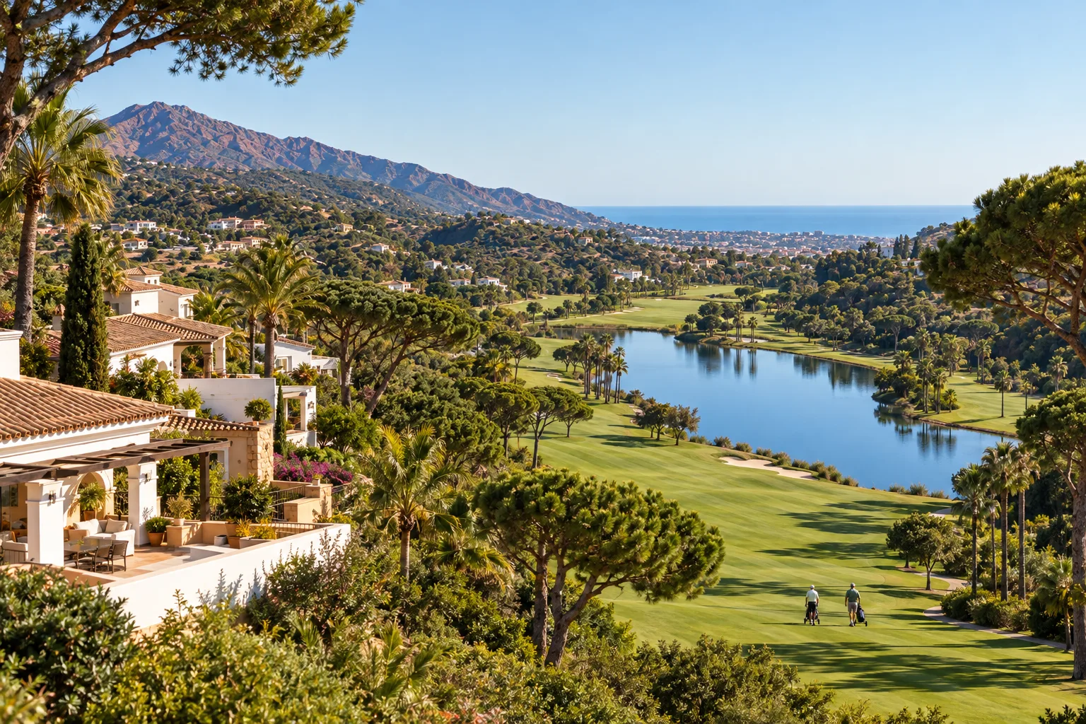 A fairway at Flamingos Golf with the lake, umbrella pines and new homes on the hillside above