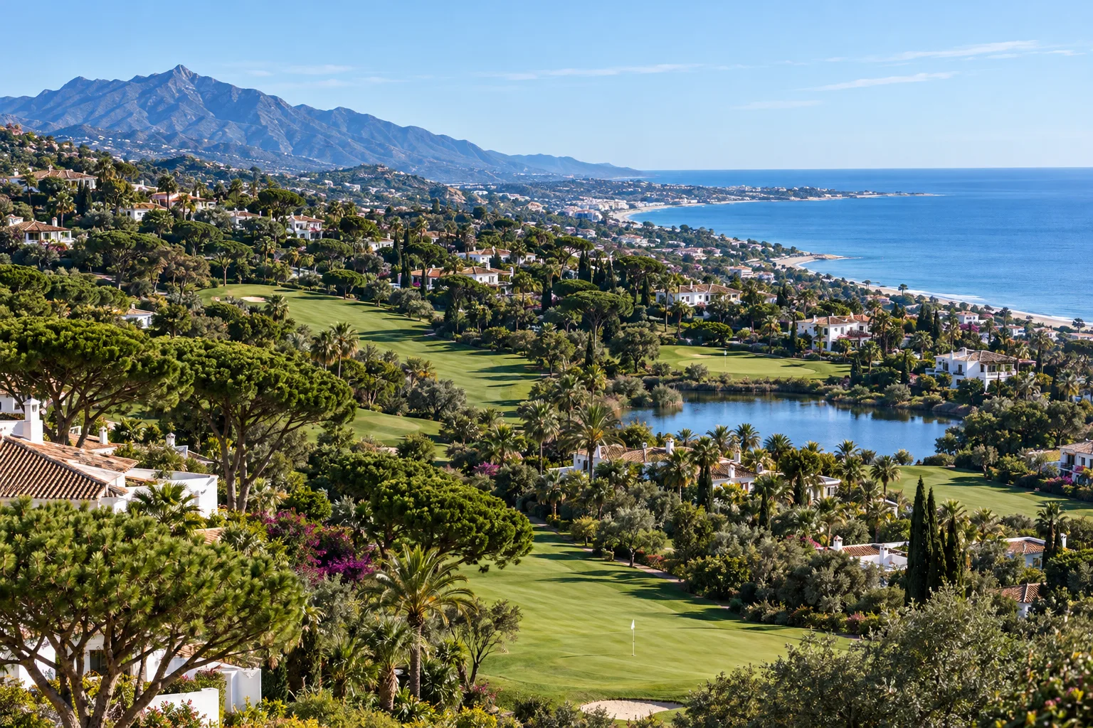 Golf courses and new homes along the Costa del Sol between the mountains and the sea