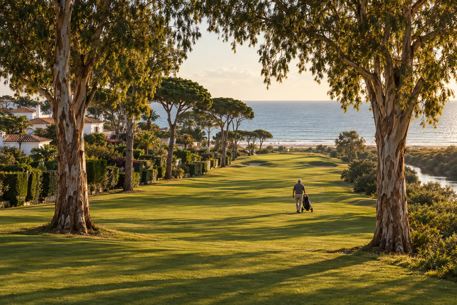 A mature fairway at Guadalmina Golf with old eucalyptus trees and the sea beyond