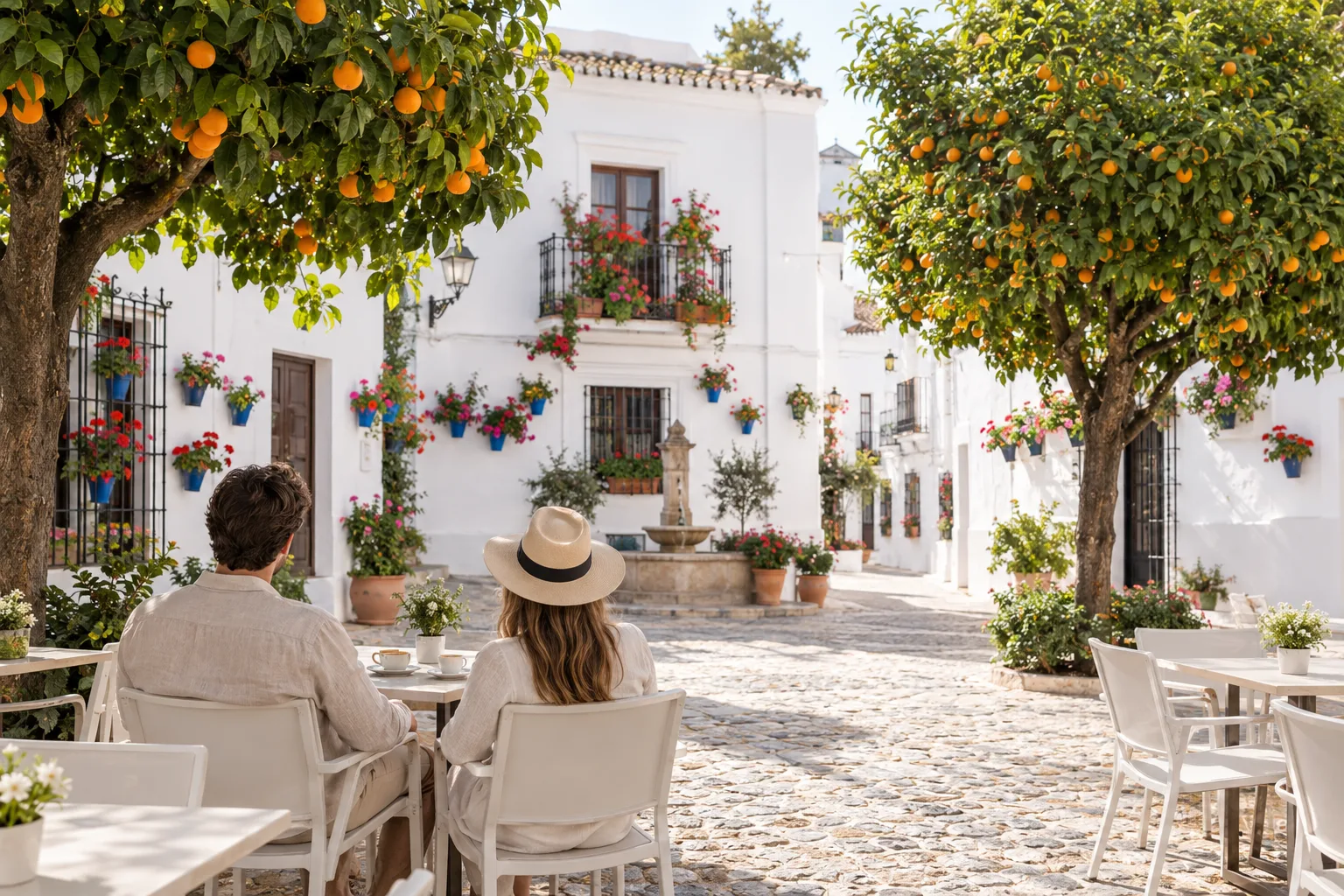 Kleiner Platz mit Orangenbäumen und Café in der Altstadt von Estepona in Andalusien
