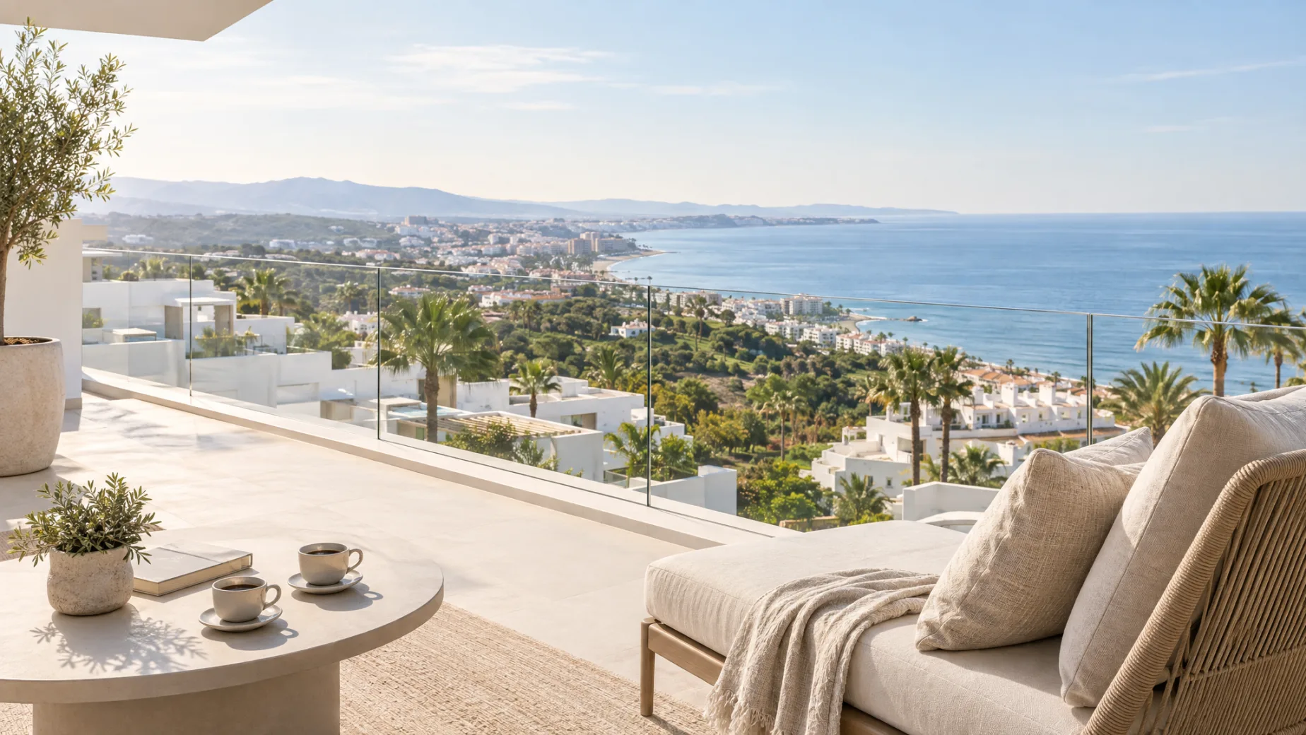 Immobilie in Spanien kaufen: Terrasse einer Neubauwohnung mit Blick über Estepona aufs Mittelmeer