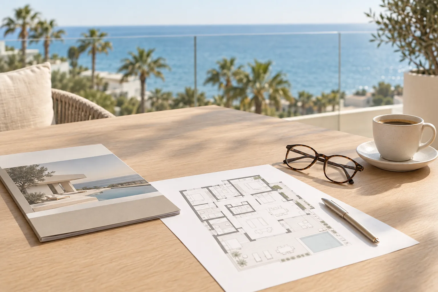 Grundriss und Preisliste eines Neubauprojekts auf einem Tisch mit Blick auf das Meer in Estepona