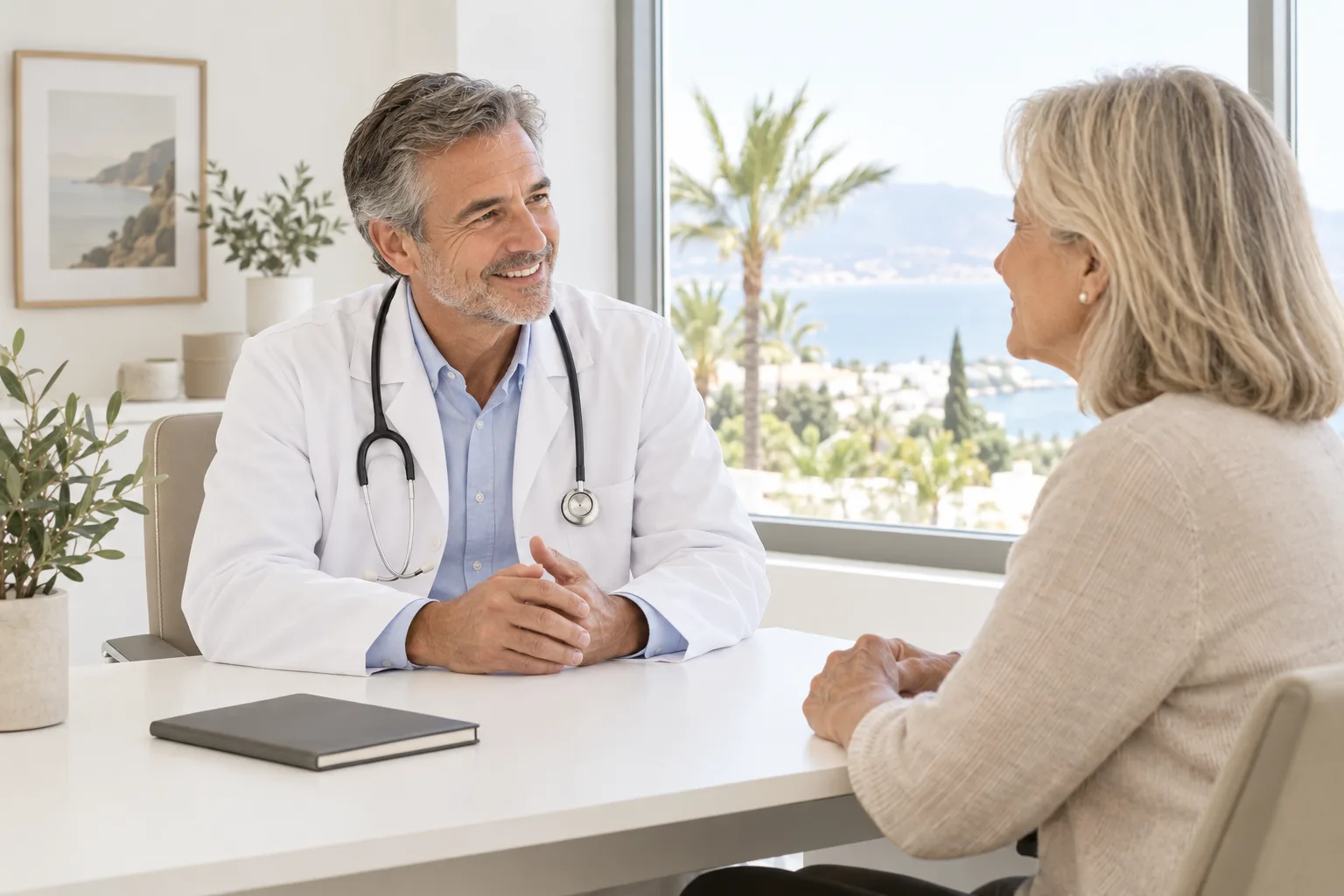 Freundliches Gespräch in einer Arztpraxis an der Costa del Sol, gut abgesichert mit der Krankenversicherung in Spanien