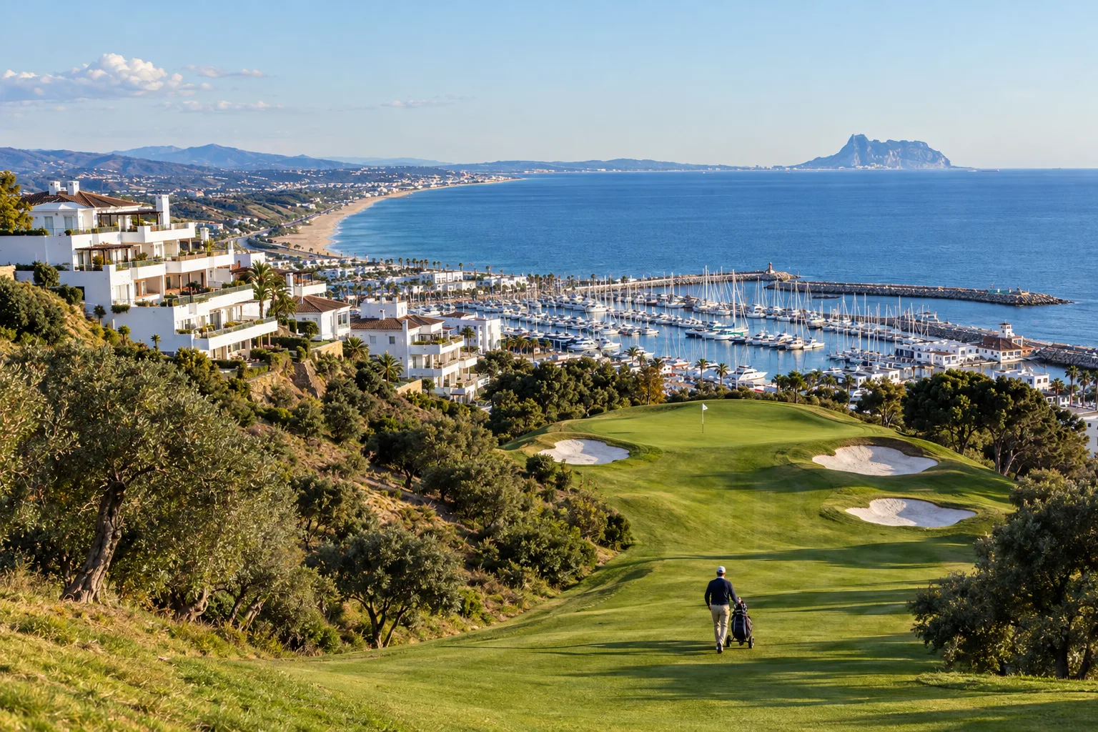 A fairway at La Duquesa Golf above Manilva with the marina and the Mediterranean in the background