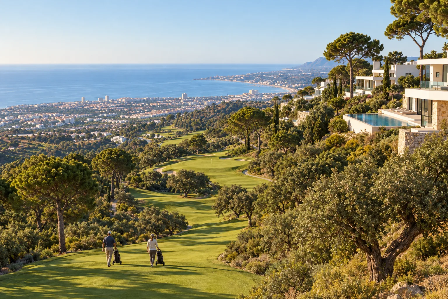 A fairway at La Quinta Golf in Benahavís with modern homes on the hillside and Marbella and the sea below