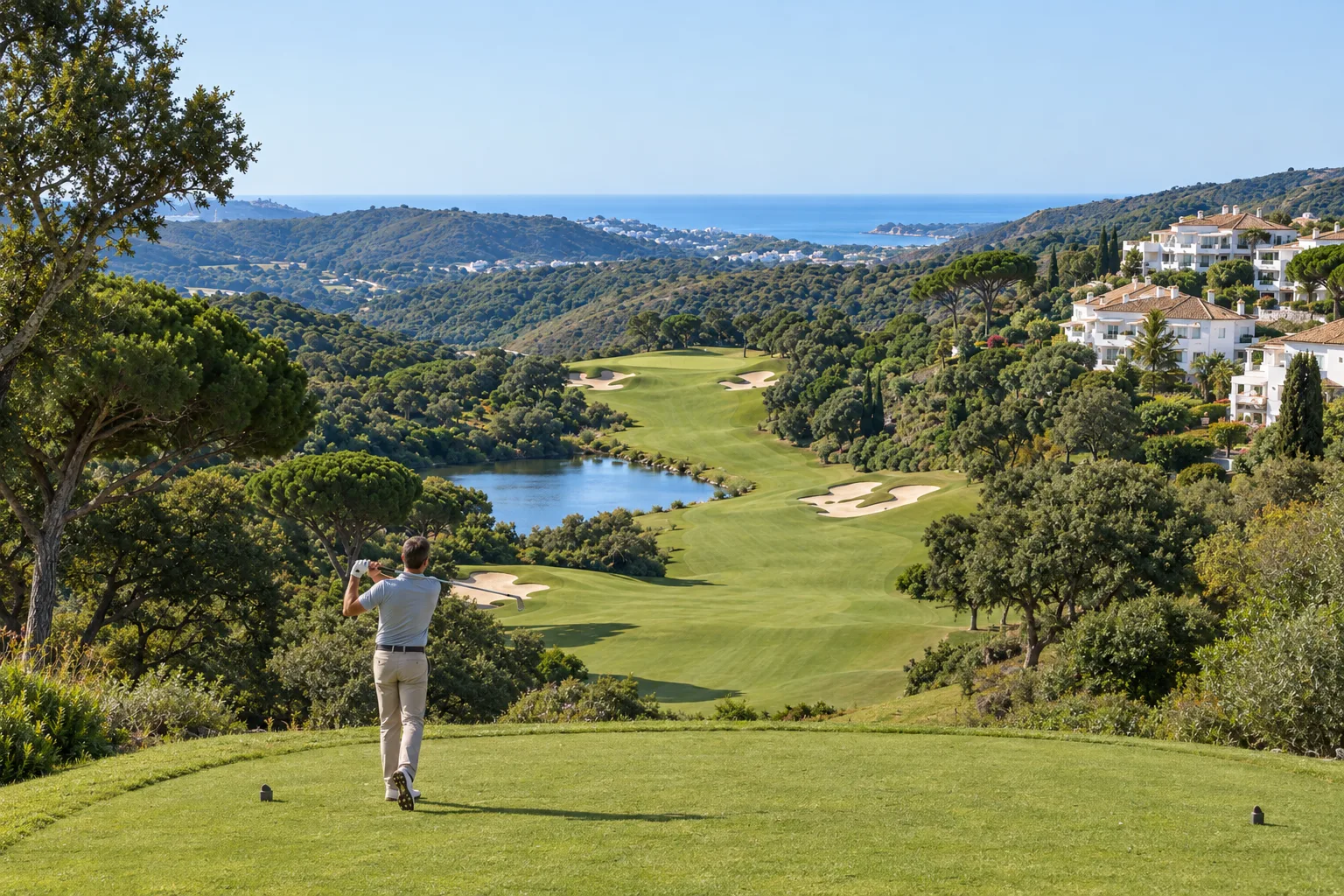 A fairway at La Reserva Golf falling away down the hillside above Sotogrande with the sea beyond