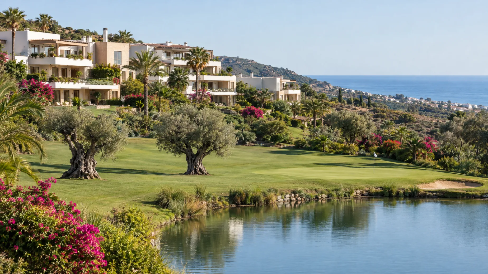 Properties for sale at La Resina Golf: new apartments above a nine-hole course with lakes and old olive trees near Selwo in Estepona