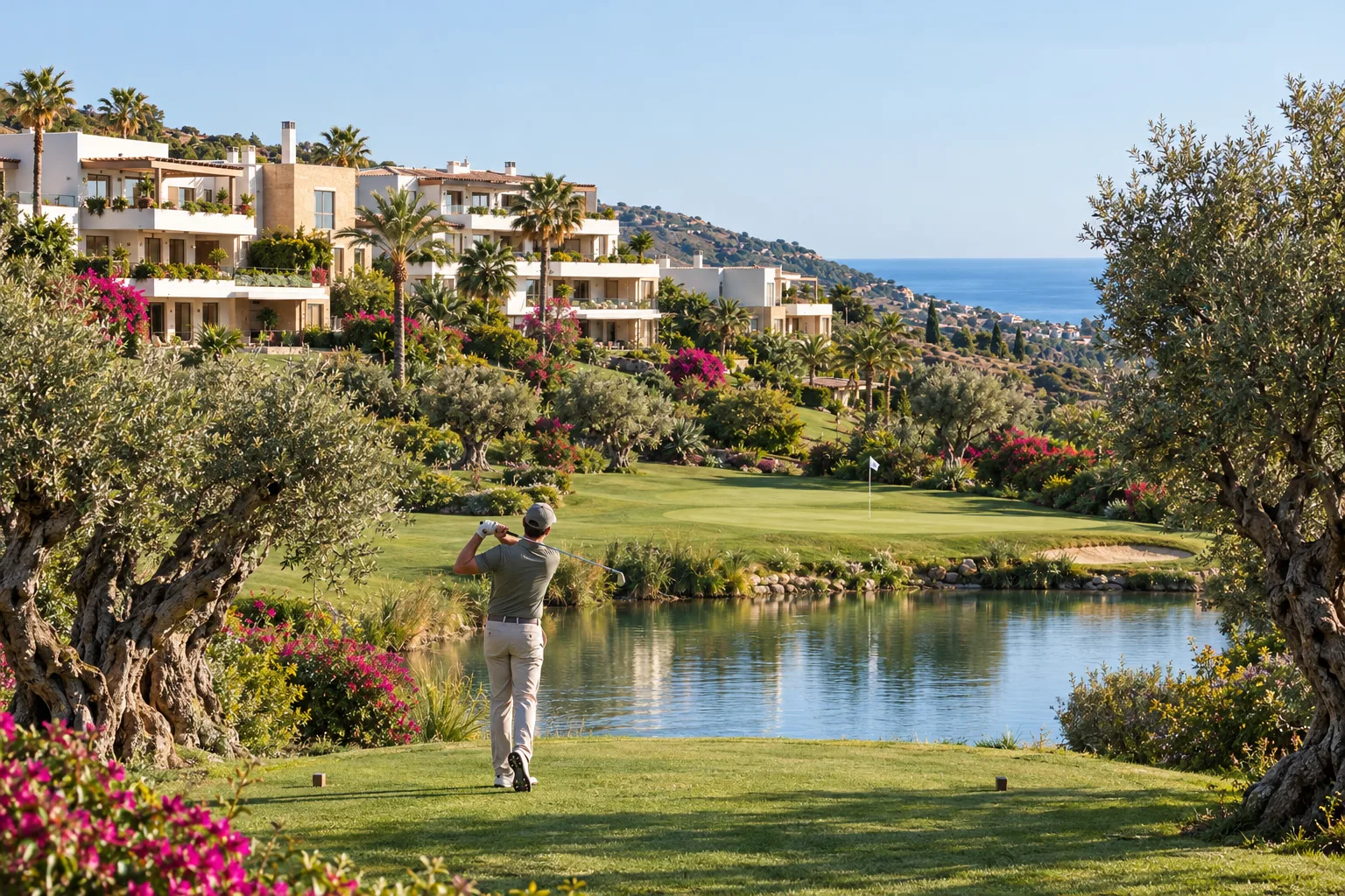 A short hole at La Resina Golf in Estepona with a lake, old olive trees and new apartments on the slope above