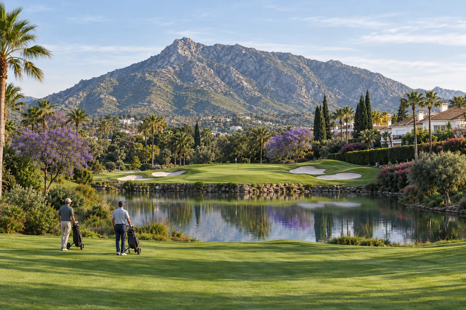 A fairway at Las Brisas Golf beside one of the lakes with subtropical planting and homes behind