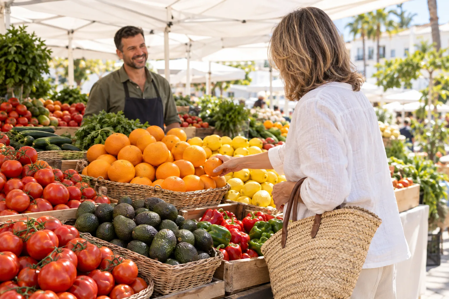 Einkauf auf dem Wochenmarkt: Obst und Gemüse der Saison im Alltag des Lebens in Spanien