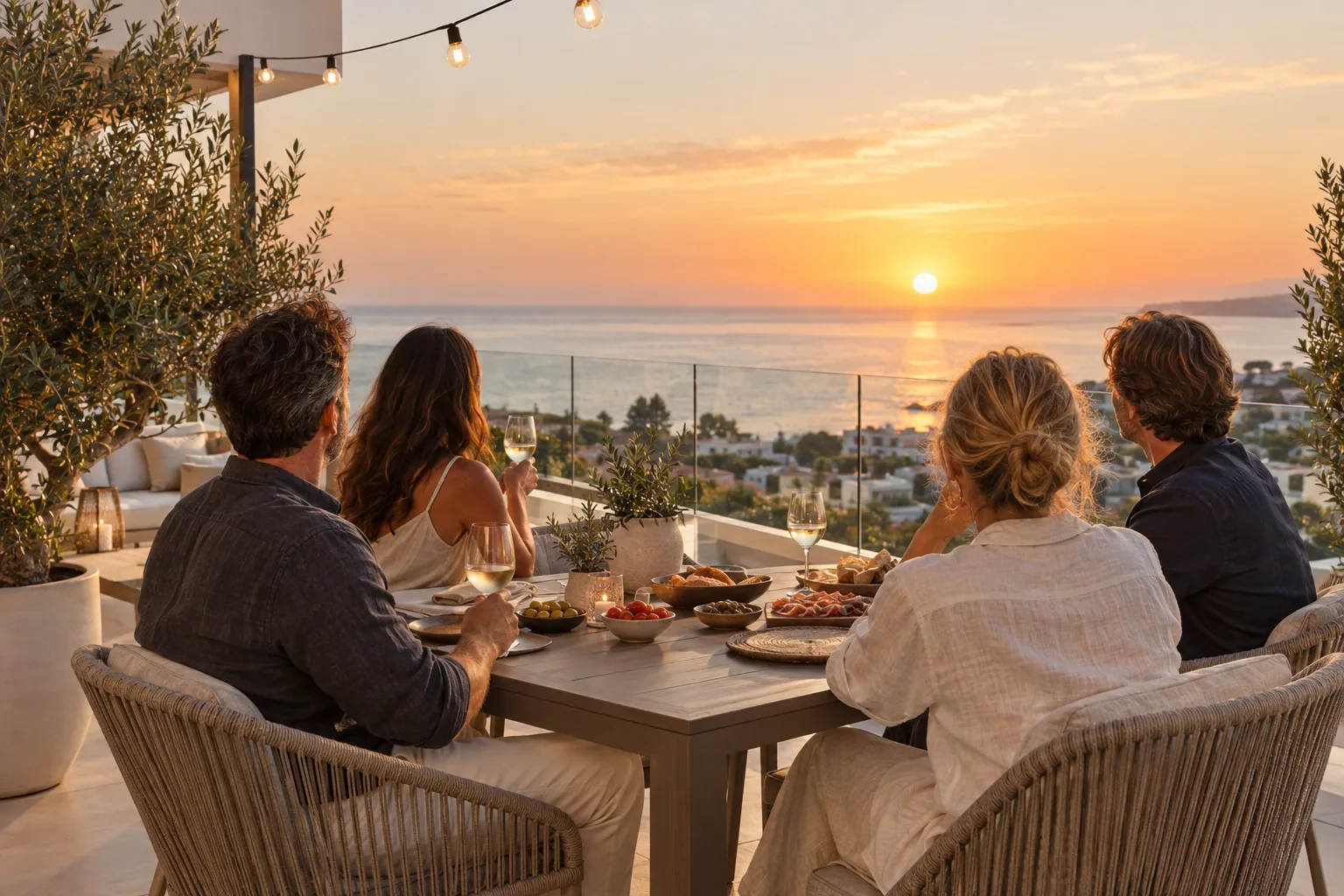 Evening on the terrace of a new-build home near Marbella with a view over the sea