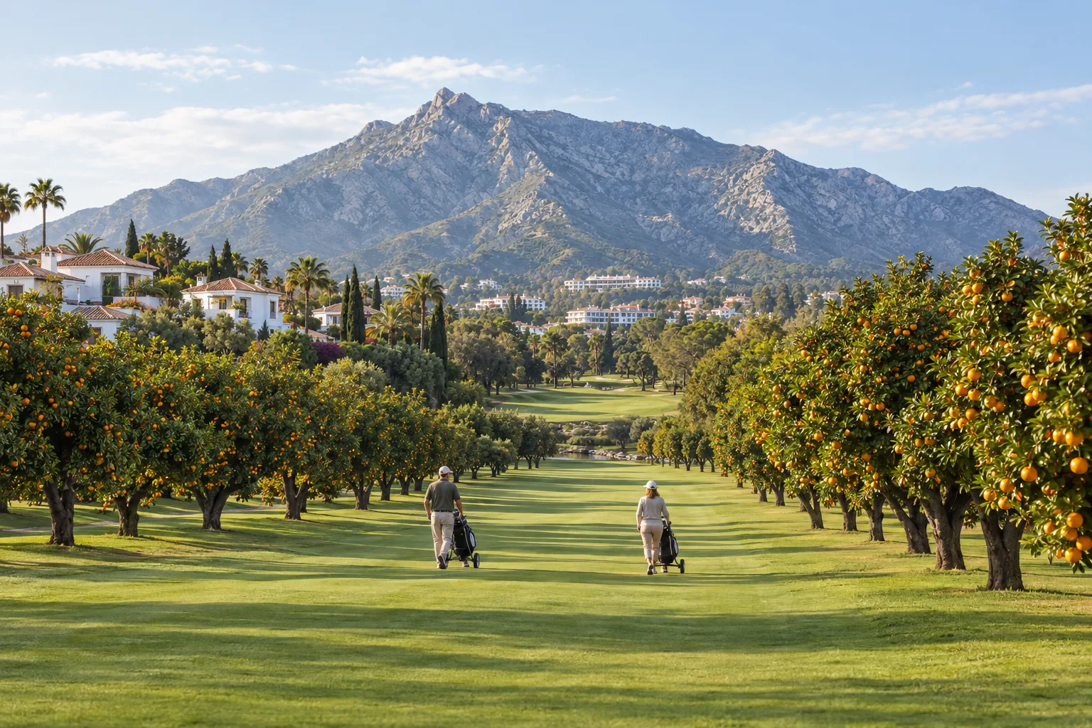 A fairway at Los Naranjos Golf running between orange trees with the mountains behind