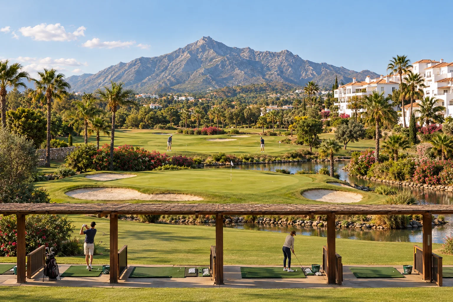 A short hole at Magna Marbella Golf with a water hazard and the driving range behind