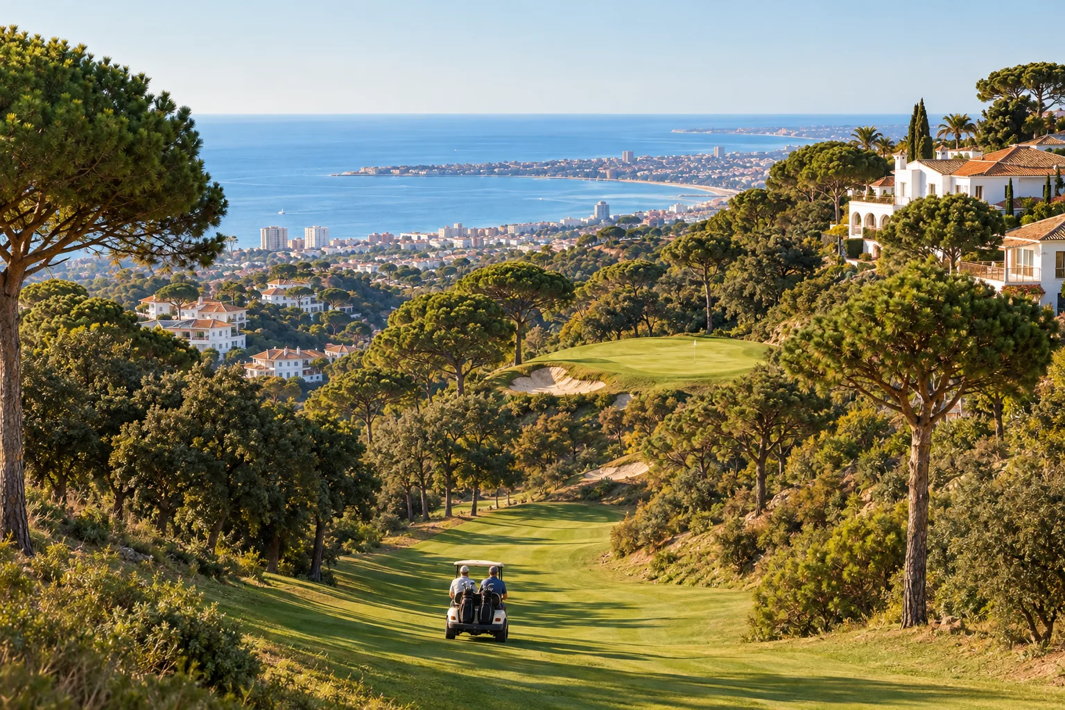 Ein hügeliges Fairway am Marbella Golf Country Club mit Pinienwald und der Bucht von Marbella im Hintergrund