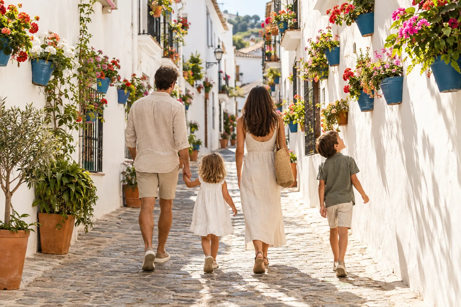 Family walking through the flower-filled streets of Estepona's old town after their move to Spain