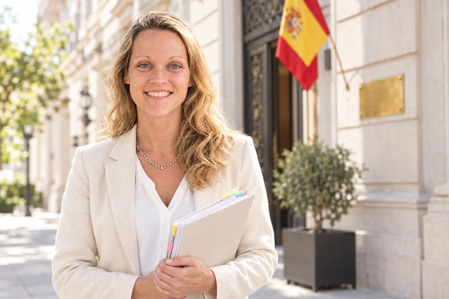 Christiane Tiebel with a folder of apostilled documents outside a Spanish consulate