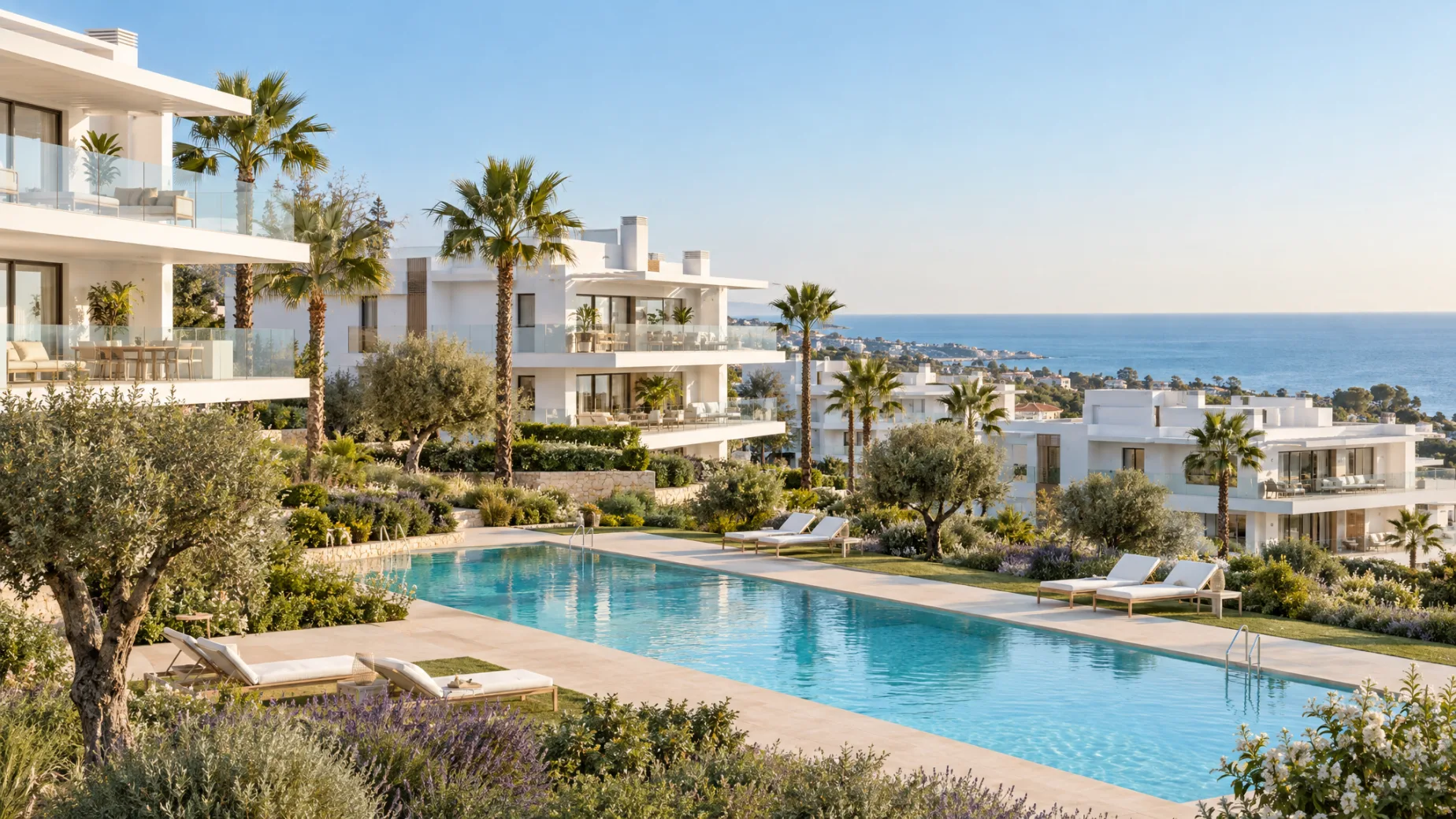 New developments on the Costa del Sol: a modern residential complex with pool and gardens above the sea near Estepona