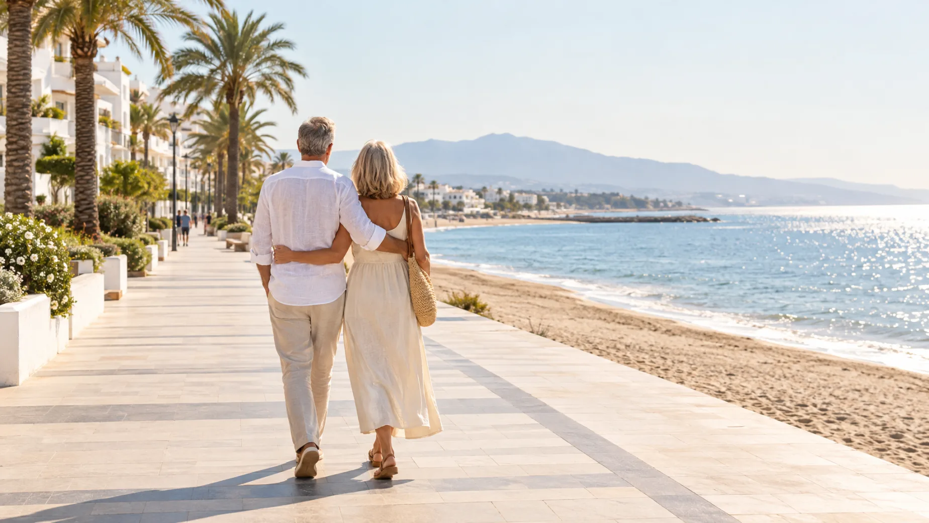 Spain non-lucrative visa: a couple walking along the seafront promenade in Estepona in the morning sun