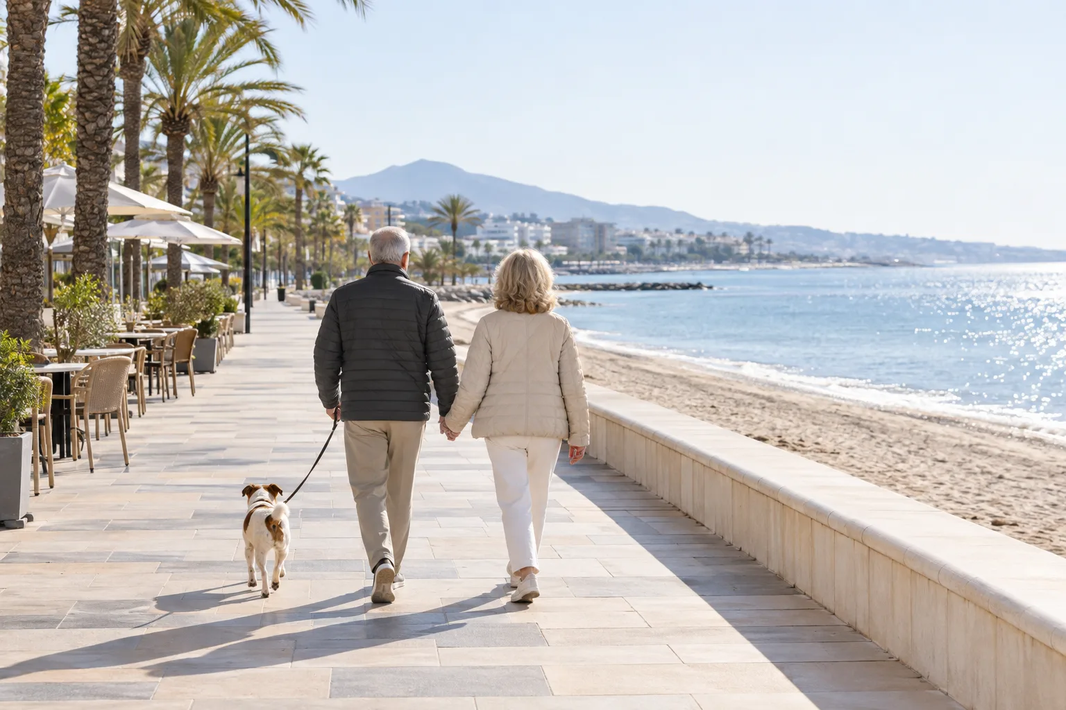 Retired couple walking along the seafront promenade in Estepona on a sunny winter morning