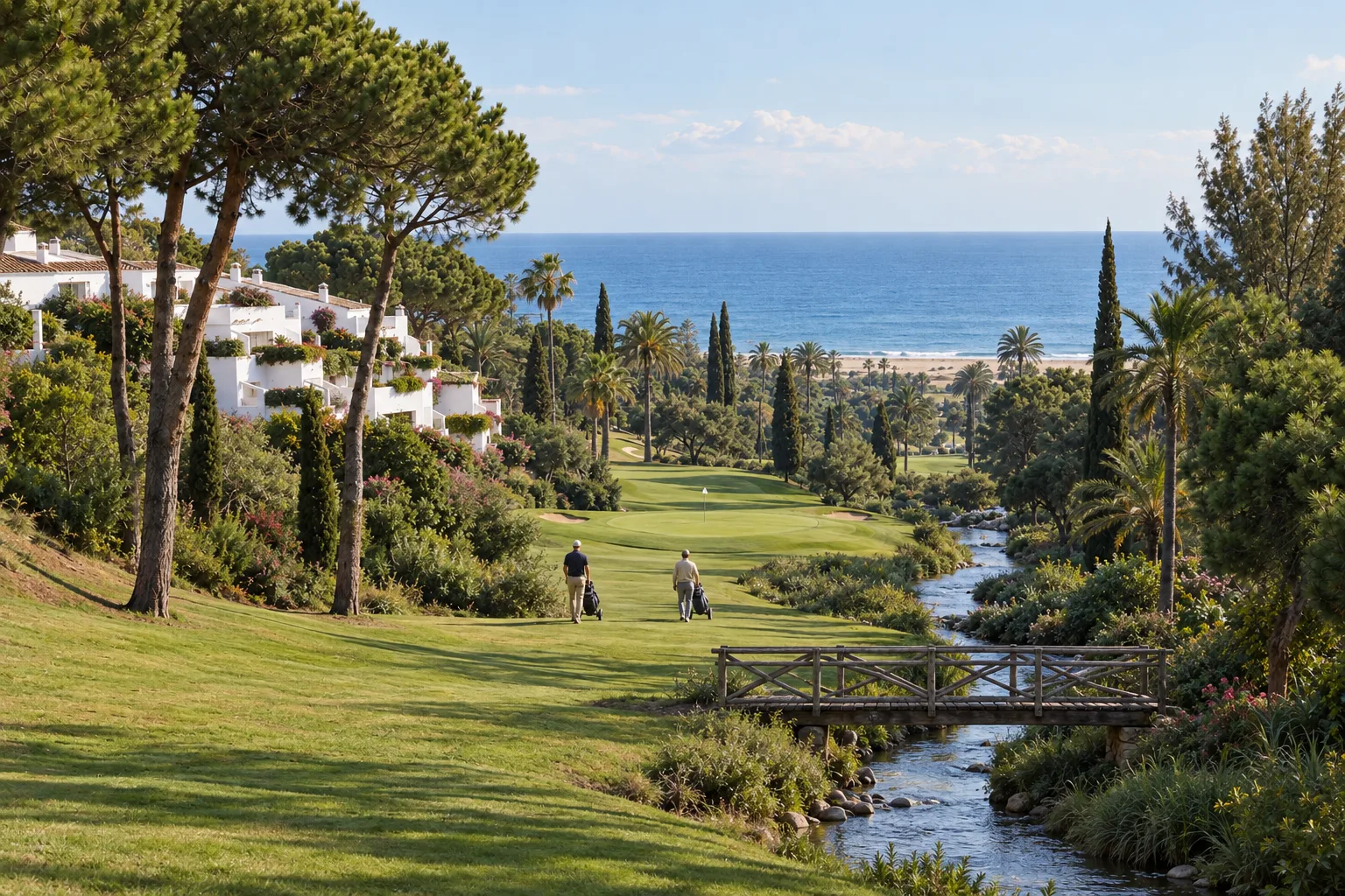 A fairway at Río Real Golf with the river, old pines and the sea behind