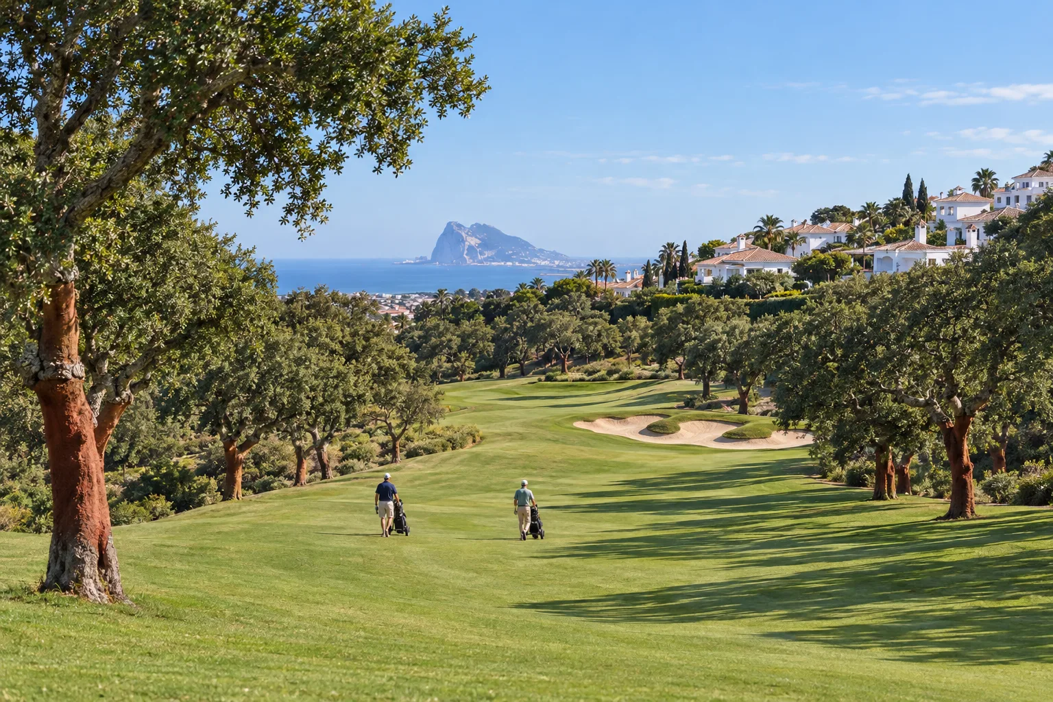 A fairway at San Roque Club between cork oaks with new homes on the slope above