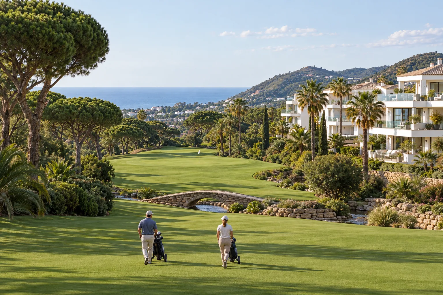 A fairway at Santa Clara Golf in east Marbella with the barranca and new homes behind
